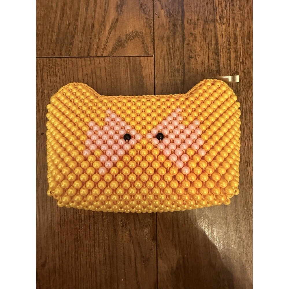 Vintage Yellow Beaded Small Purse Make Up Bag Angel Fish Handmade